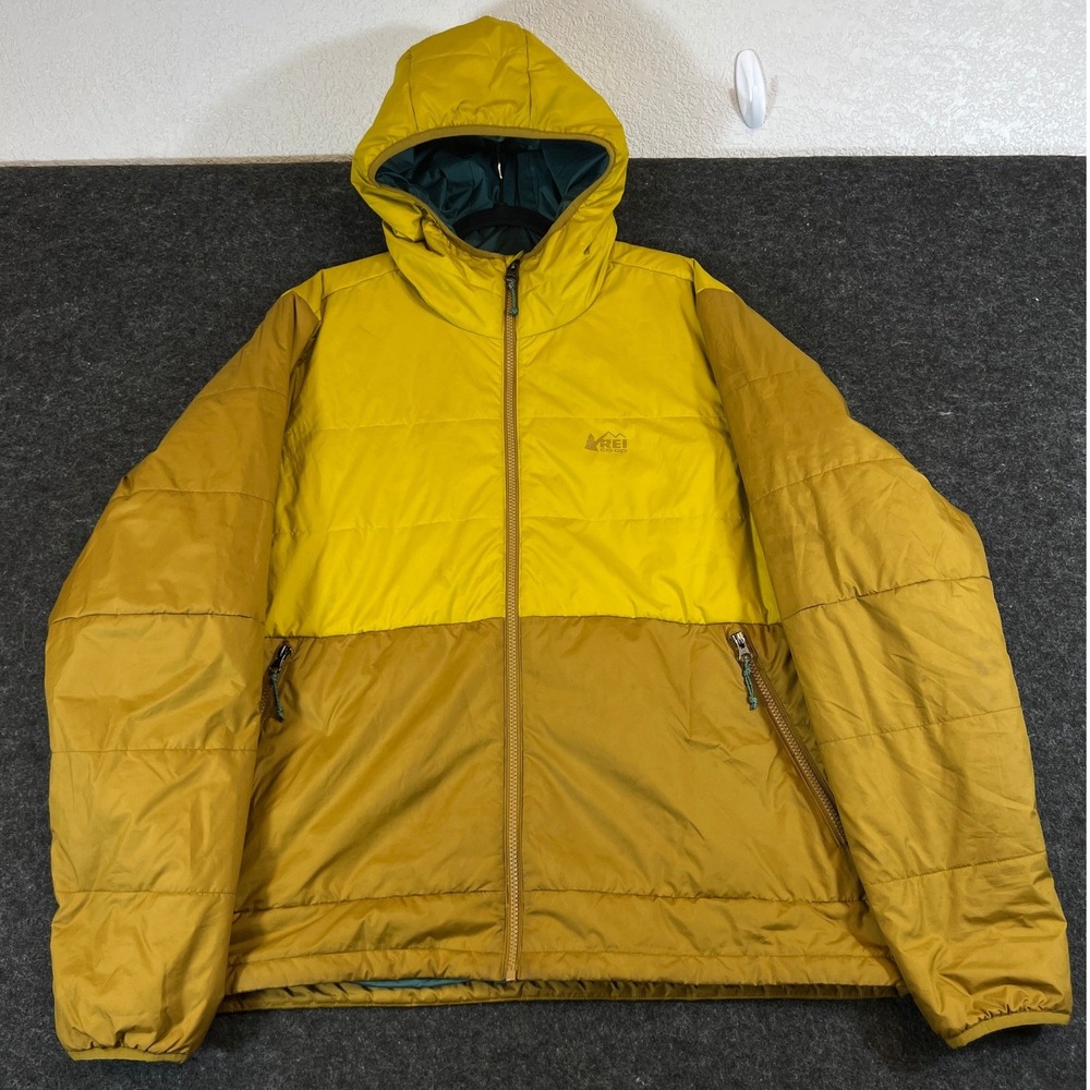 REI Co-op Puffer Jacket Mens XL Yellow Two-Tone Insulated Hoodie Hiking Outdoor